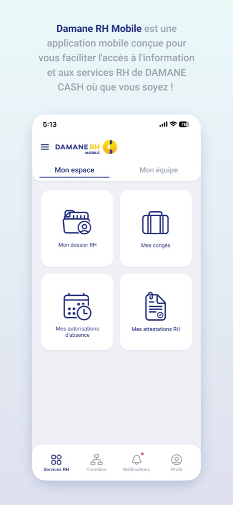 Écran d'accueil de Damane RH Mobile